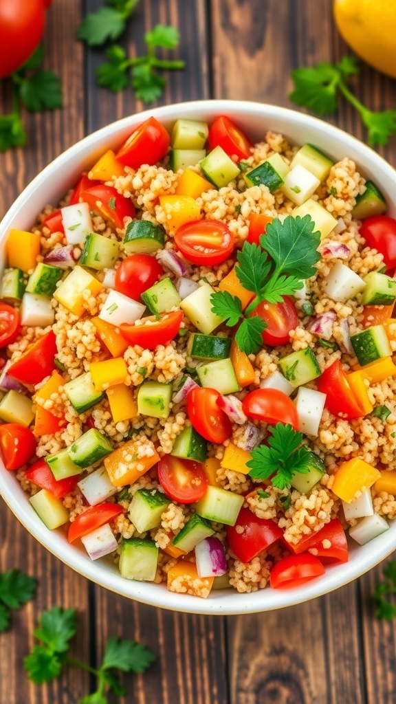 A colorful quinoa salad with bell peppers, cucumbers, tomatoes, and parsley in a bowl on a wooden table.